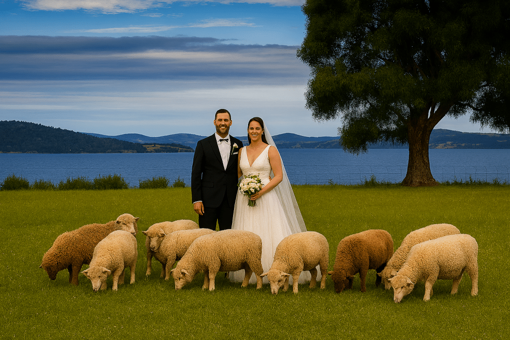bride and groom in paddock