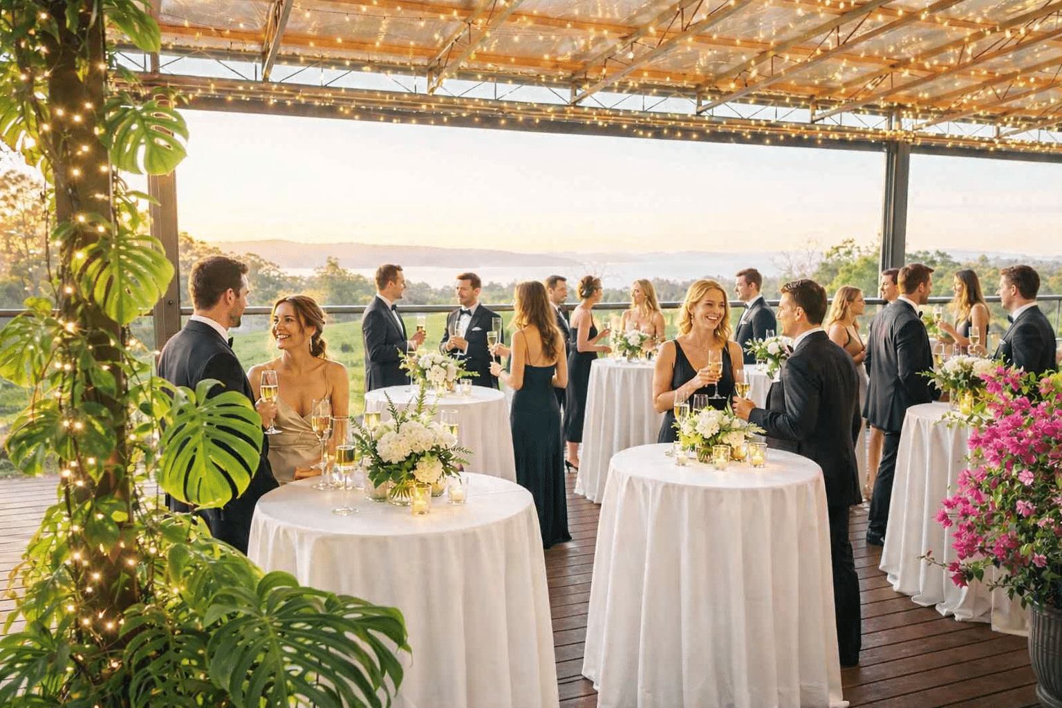 Guests standing around candlelit cocktail tables on a deck with string lights and sunset views of hills and water.