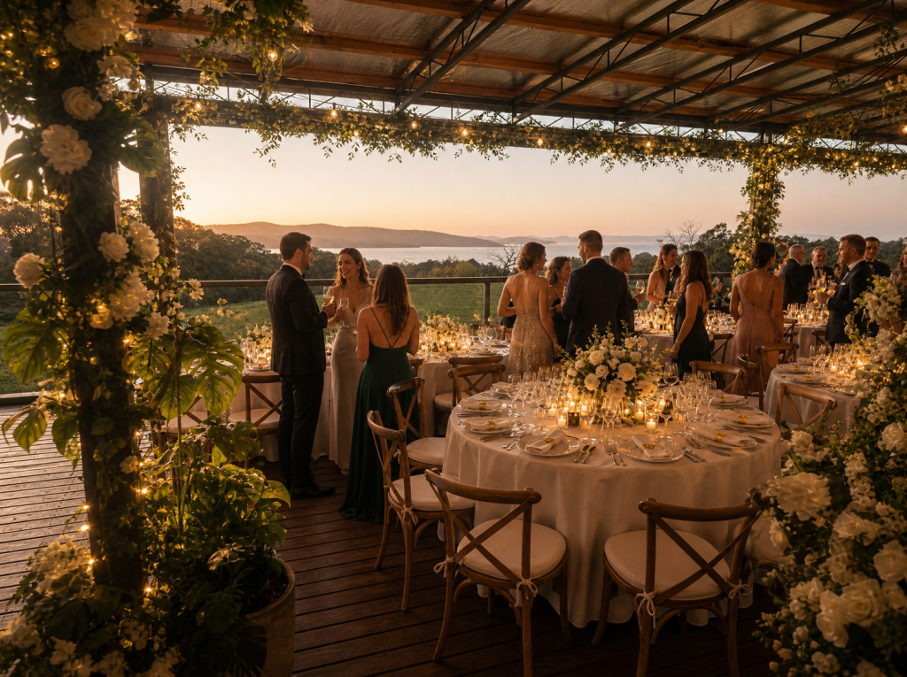 Outdoor evening event with guests standing around candlelit tables under a floral‑decorated deck overlooking water at sunset.